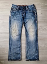 Rock Revival Jeans Men's 36x33 Blue Denim Destin Boot Thick Stitch Distressed
