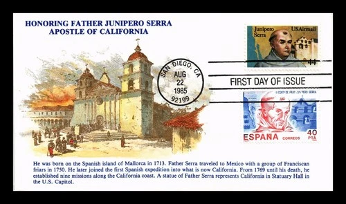 US COVER FIRST DAY OF ISSUE KMC VENTURE HAND COLORED FATHER JUNIPERO SERRA