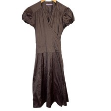 Calypso Christiane Celle Dress XS Brown 100% Silk Crinkle Wrap Short Sleeve Midi