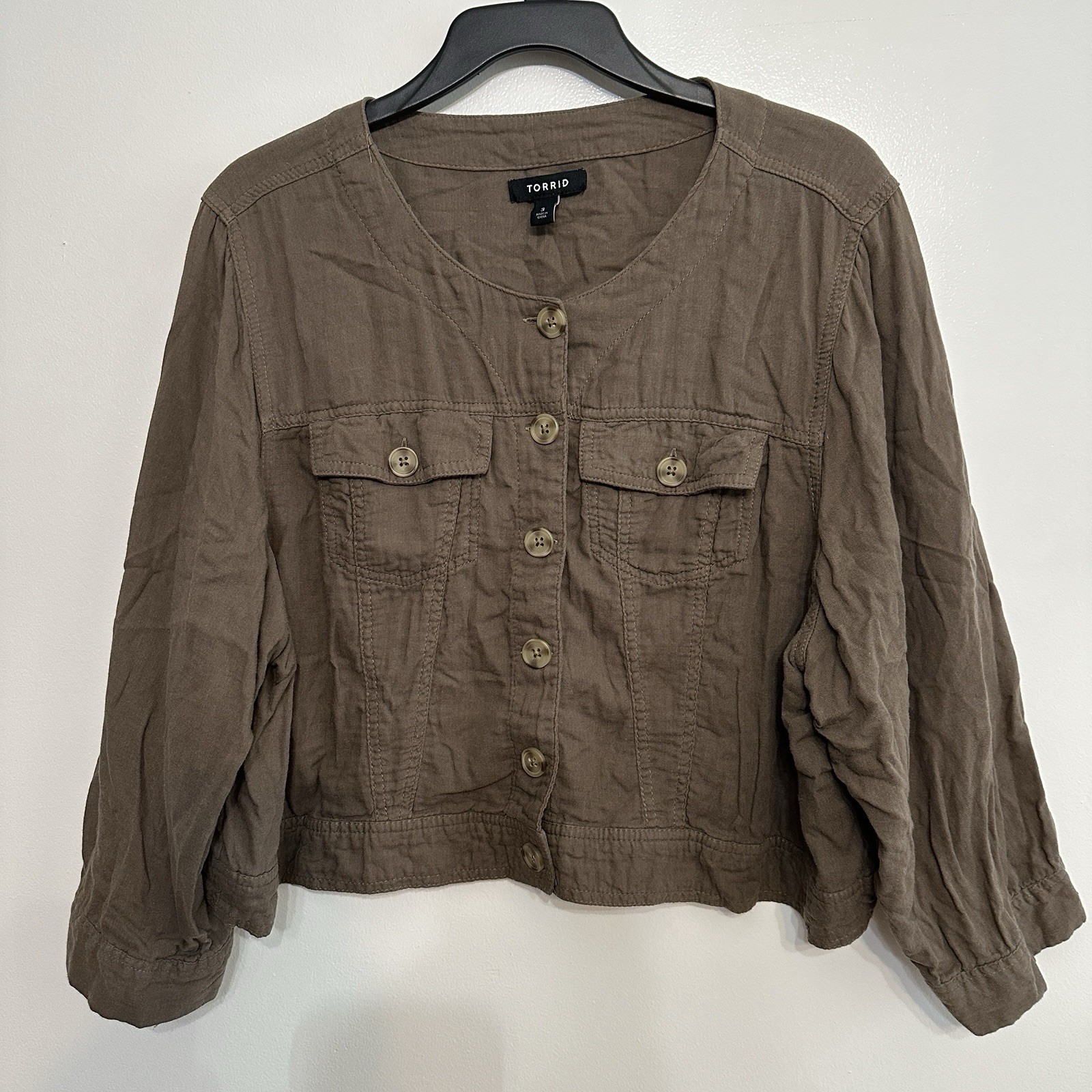 Torrid Button Up Crop Top Jacket Relaxed Fit Gauzy Cotton Pockets Women 3X Green