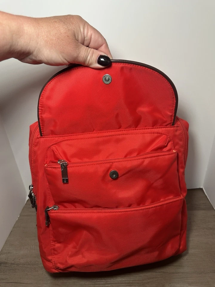 Baggallini Nylon Backpack Bag RED Orange Lined Zip Pockets - Image 4 of 4