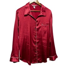 Victorias Secret Satin Pajama Top L Red Button Up Long Sleeve Sleep Shirt Lounge