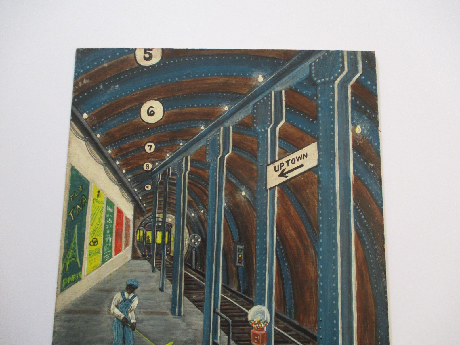VINTAGE AMERICAN FOLK PAINTING WPA STYLE SCENE NIGHT NY BLACK AMERICANA SUBWAY
