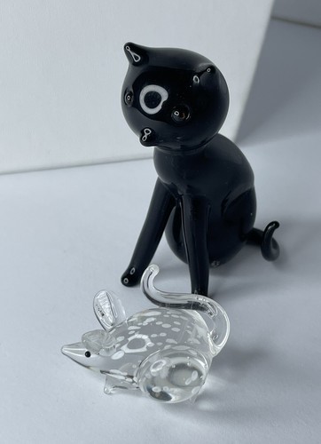 Juego de 2 estatuillas de vidrio soplado a mano de gato y ratón negro vidrio artístico Halloween - Imagen 2 de 14