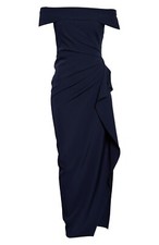 VINCE CAMUTO Navy Blue Cascade Ruffle Pleated Off Shoulder Stretch Crepe Gown 16