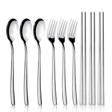IQCWOOD Spoons and Forks Flatware Set 3 Pairs Chopsticks Forks and Spoons Sil...