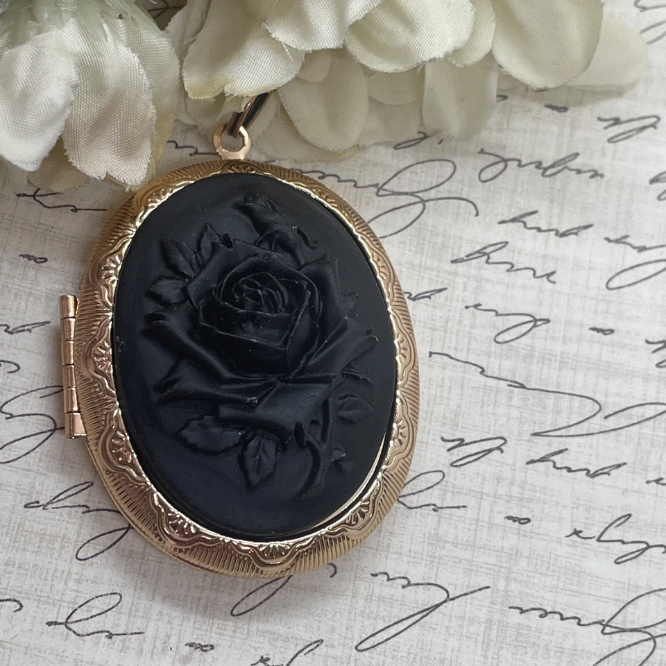 Collar medallón de boda gótico negro bruja camafeo oro rosa regalo vikingo Foto 4 de 4