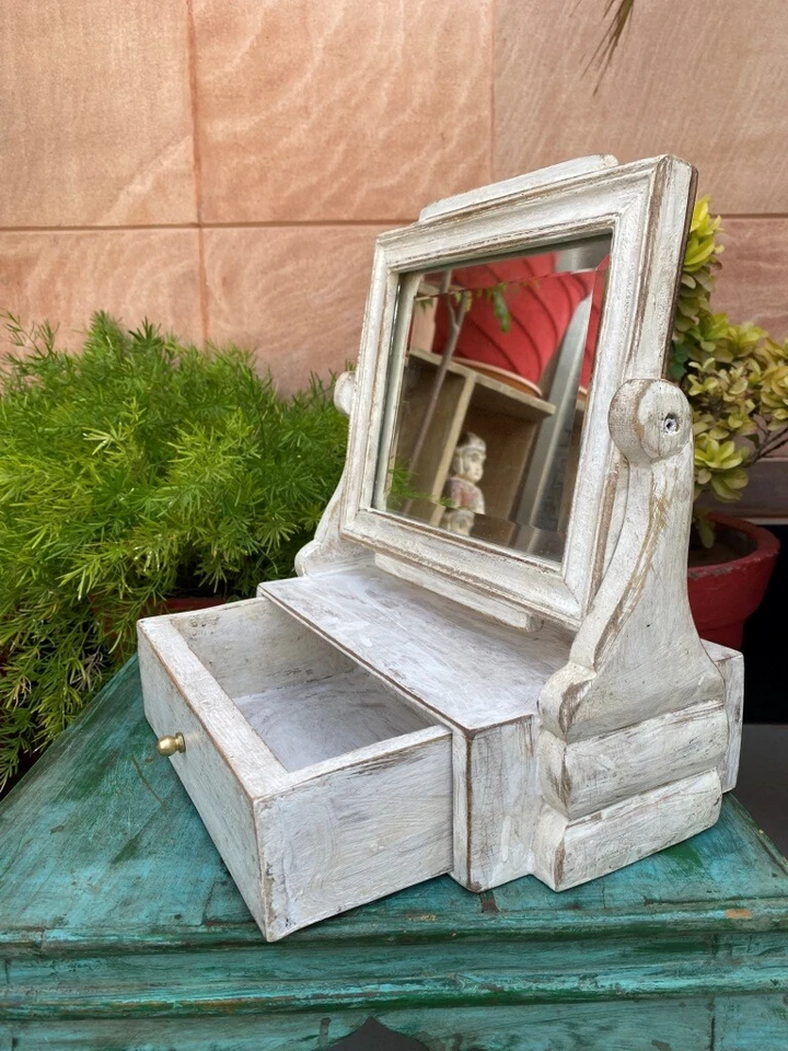 Vintage Wooden Hand Crafted White Rustic Painted Dressing Mirror With Drawer Box - Image 3 of 4