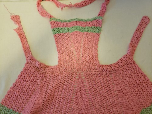 Vintage Crochet Apron 1960s Pink Green with Damage - Picture 3 of 9