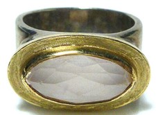 STERLING SILVER 14K GOLD PINK QUARTZ ROSE MODERN SLEEK WOMENS DESIGNER RING