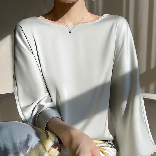 Neu Damen Seide Satin Rundhals Shirts Bluse lockerer Pullover 3/4 Arm T-Shirt - Bild 9 von 14