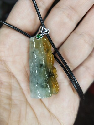 Natural grade A Burma jadeite jade yellow and green bamboo pendant Necklace