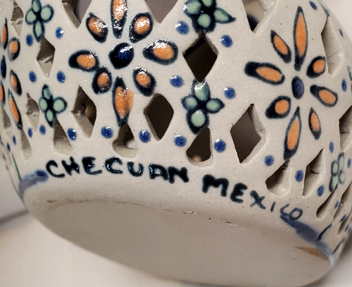Vintage Checuan Mexiko Keramik Hühnertopf durchbrochen Keramik handbemalt Blumen selten - Bild 7 von 8
