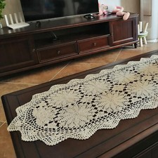 20"x59" Beige Vintage Hand Crochet Lace Table Runner Topper Dresser Scarf Doily