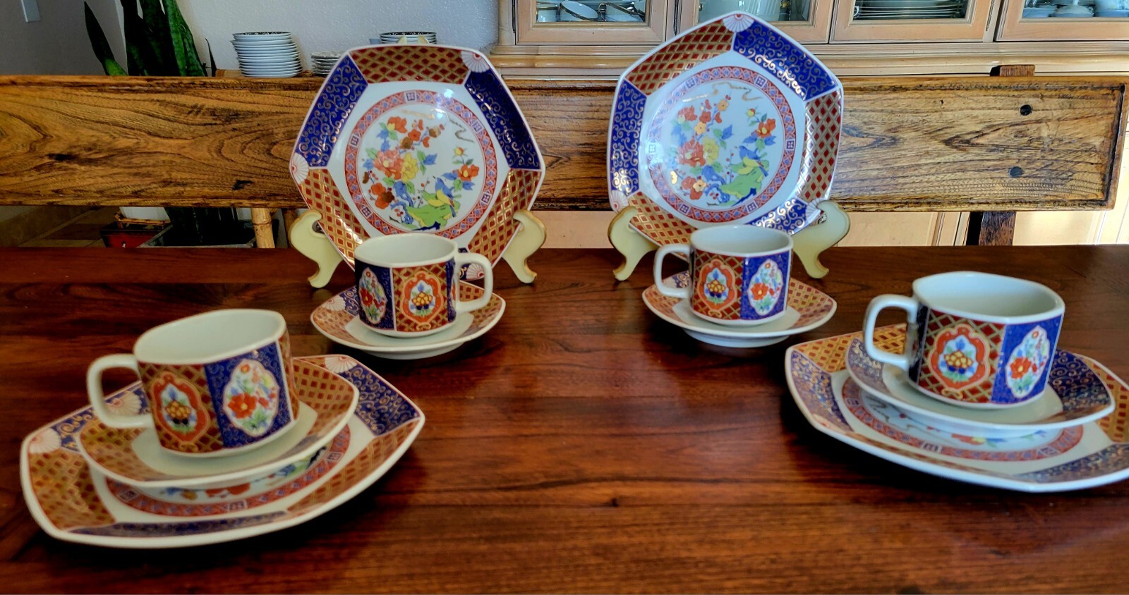 Japanese Imari Hexagonal Tea Cup And Saucer Trio Set Dolphin China Enchantment!
