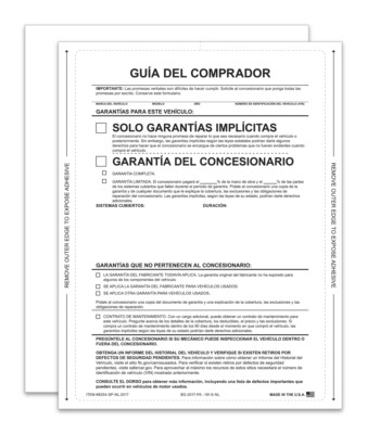 1 PART SELF ADHESIVE BUYERS GUIDE PACK 100 FORM IMPLIED WARRANTY SPANISH NO LINE