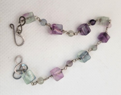 Vintage Handmade Natural Fluorite Stone Bracelet Beads Blocks Sterling Silver 8" - Picture 1 of 9