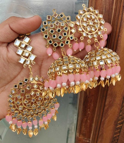 Indian Gold Plated Hoop Big Jhumka Pakistani Pearl Chandelier Earrings Tikka set - Picture 17 of 20