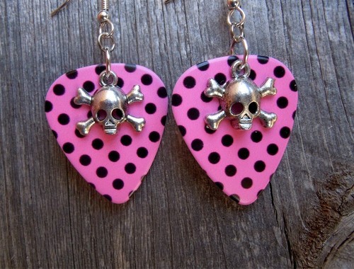 Small Skull and Crossbone Charms Guitar Pick Earrings - Pick Your Color - Picture 4 of 4