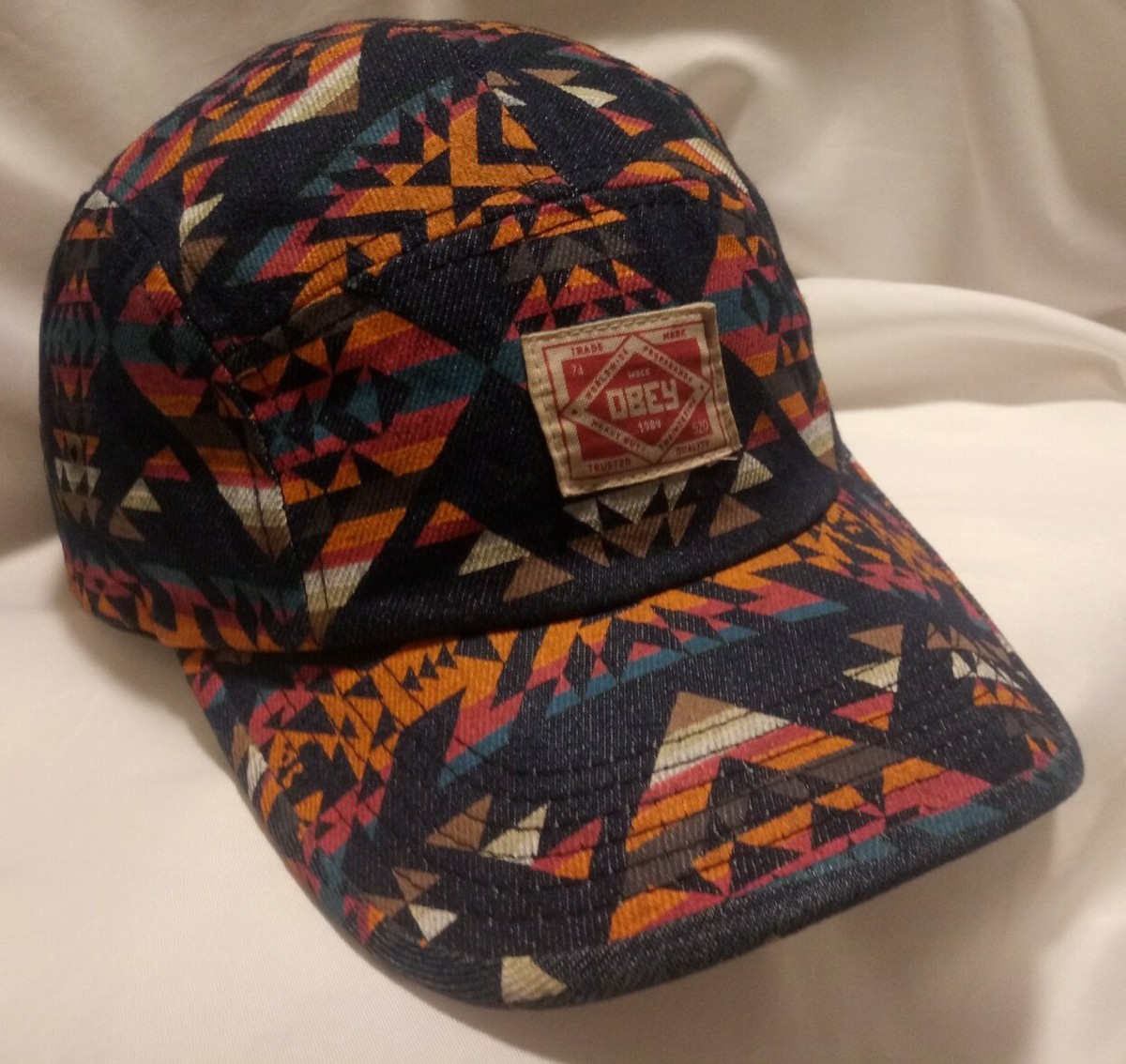 Obey Five Panel Aztec Southwestern Tribal Leather Strap Back Obey Five Panel Aztec Southwestern Tribal Leather Strap Back