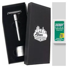 Shave Factory Premium Adjustable Double Edge Safety Razor Stand & 5 Derby Blades