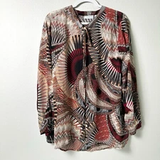 Susan Graver Button Up Top Size 22W Brown Geometric Retro Chiffon Sheer Tie Neck