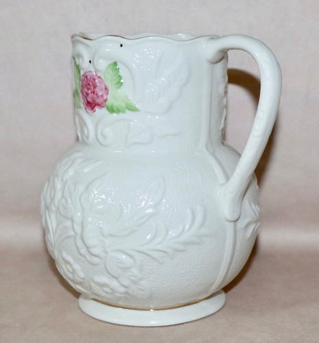 Belleek Pitcher ~ Embossed Rose & Gold Trim 2005 11th Anniversary Show 7.5” Tall - Picture 24 of 24