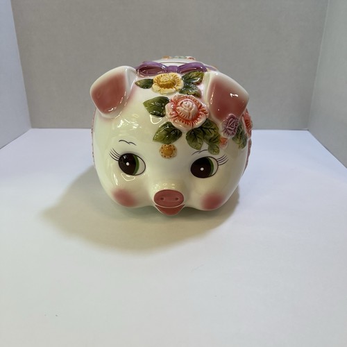 Function Art ceramic Piggy Bank flower wreath floral head large colorful