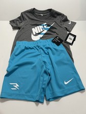 NWT Nike 3Brand Boys 2 Pc Gray T Shirt And Turquoise Shorts Set Size 6 MSRP 40