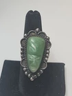 Antique Carved Green Jade Warrior Face Sterling Silver 925 Ring Size 7.5