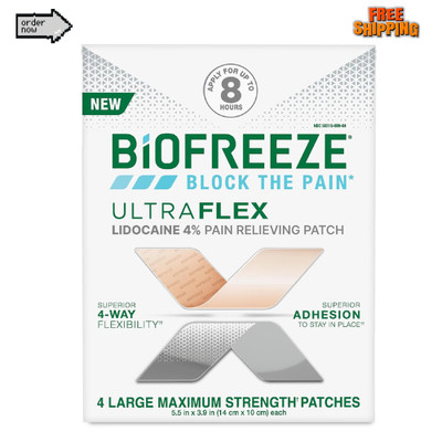Biofreeze UltraFlex Lidocaine Patches Maximum Strength, Flexible, 4 Large