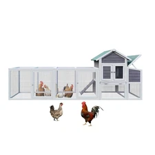 Gray Wooden Chicken Coop Outdoor Hen House with Run, Waterproof Roof &