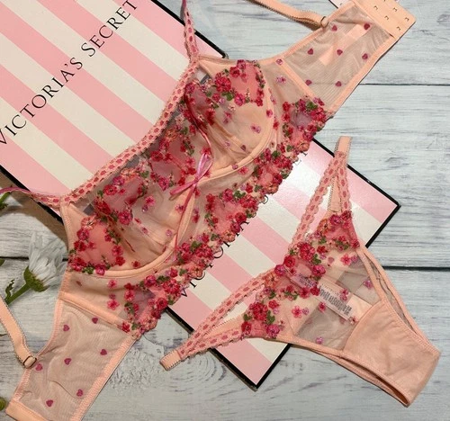 Victoria's Secret Dream Angels Hearts & Roses Embroidery Bra Top Set Pink Roses