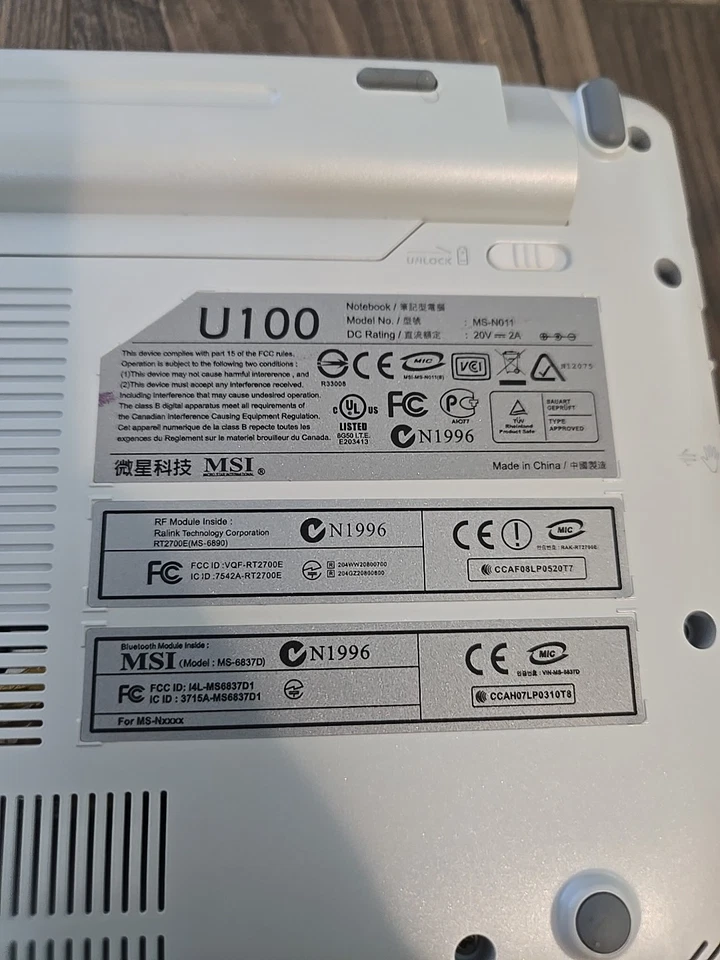 MSI Wind U100 Laptop Intel Atom 1GB RAM Windows XP Works Needs New Battery - Image 4 of 4