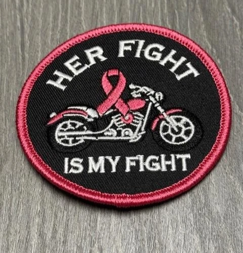 Her Fight Is My Fight Pink Ribbon Motorcycle Biker Embroidered Patch Iron On 3" - Image 2 of 4