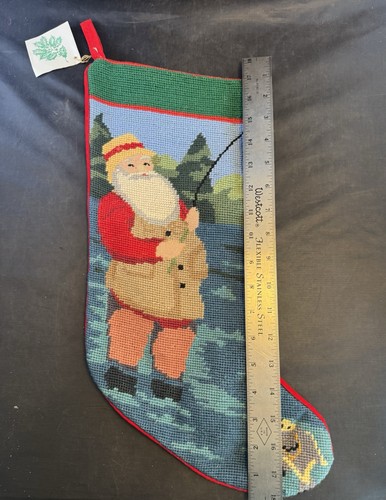 Vintage Handmade Wool Needlepoint Christmas/ Santa Fishing Stocking Red Velvet - Bild 5 von 12