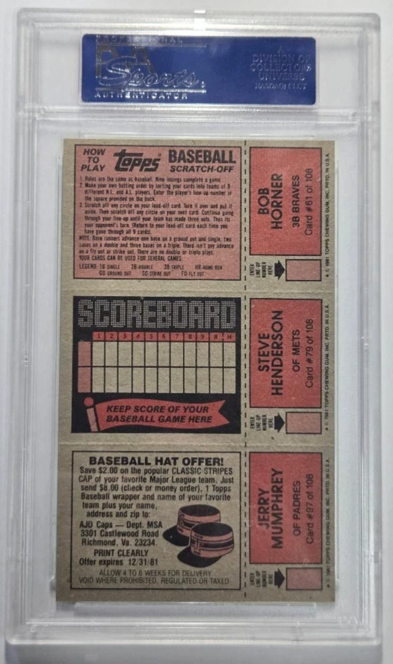 1981 TOPPS SCRATCH-OFFS HNDRSN/HRNR/MUMPHRY PSA NM-MT 8 - Imagem 2 de 2