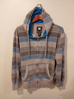 OP Ocean Pacific Hoodie Mens XL Blue Grey Striped Full Zip Surf Skate Ride