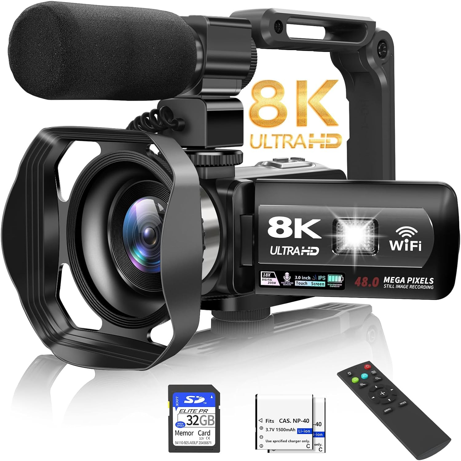 Video Camera, 8K Camcorder 48MP 15FPS UHD Wifi Vlogging Camera with IR Night Vis