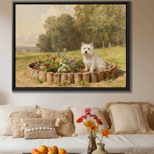 Floral Still Life Oil Painting of West Highland White Terrier Canvas Art
