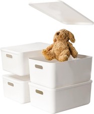 Four large white plastic storage baskets with lids and handles.