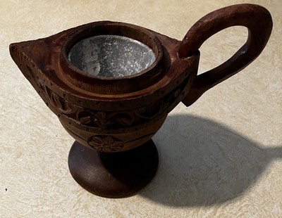 Vintage Hand Carved Wooden Candle Holder Oil Lamp Style Made in India Rustic Dec