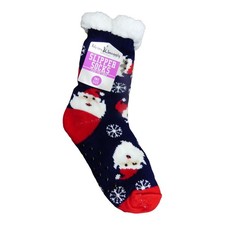 Warm  Snuggly Slipper Socks Womens OS Navy NWT Santa Snowflake Faux Fur Lined