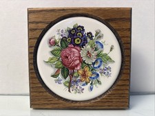 Vintage Floral Ceramic Coaster in Wooden Hold...