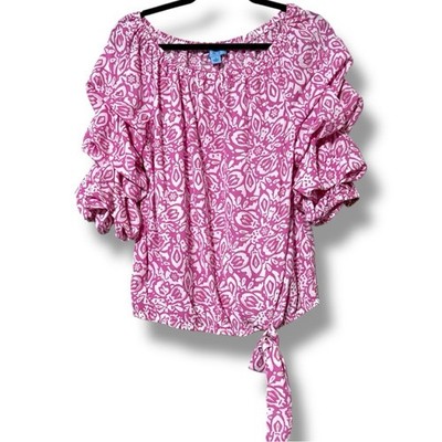 CeCe women s medium pink white gold accent floral off shoulder elastic on edges