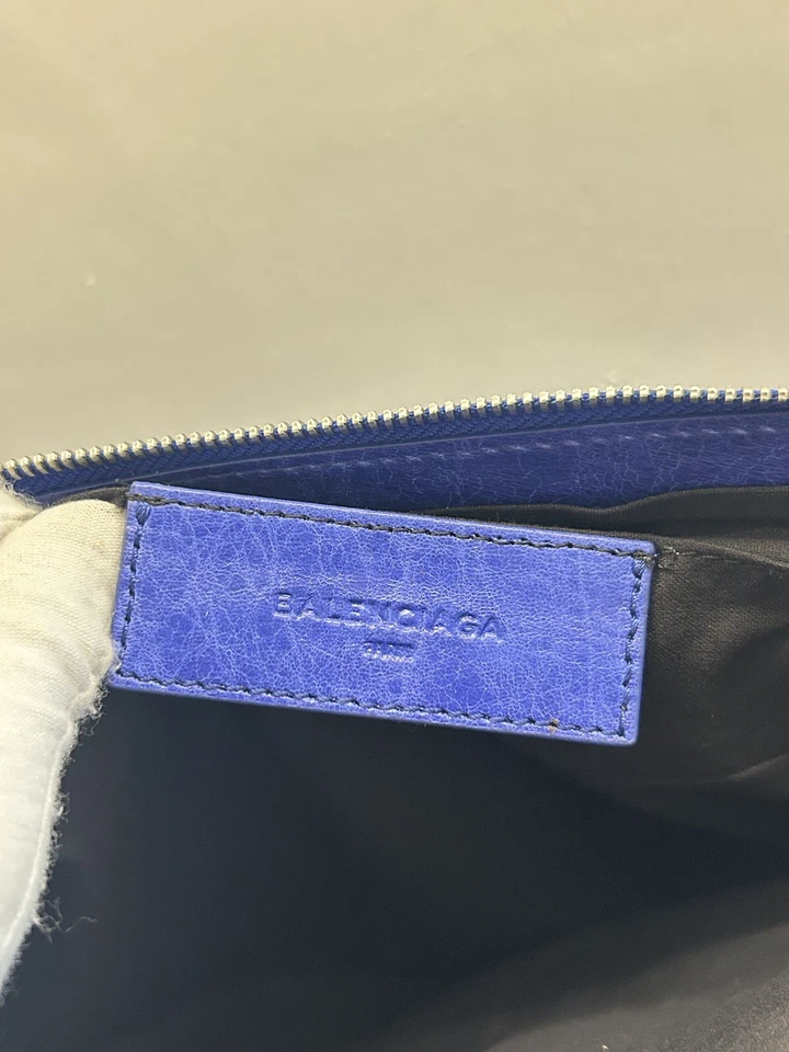 Authentic BALENCIAGA Crushed Leather Clutch Bag Black Men's City Pouch Blue - Image 4 of 4