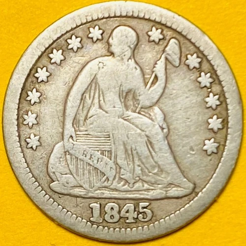 1845 U.S. SEATED LIBERTY SILVER HALF 1/2 DIME 5c COIN (F-Fine)