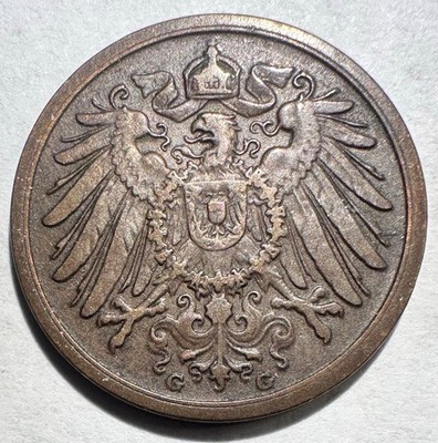 1907-G Germany Empire 2 Pfennig, VF+ Key Date! 610k Minted