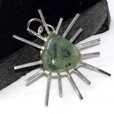 925 Silver Plated Moss Prehnite Ethnic Pendant Jewelry Size 2.1" MJ