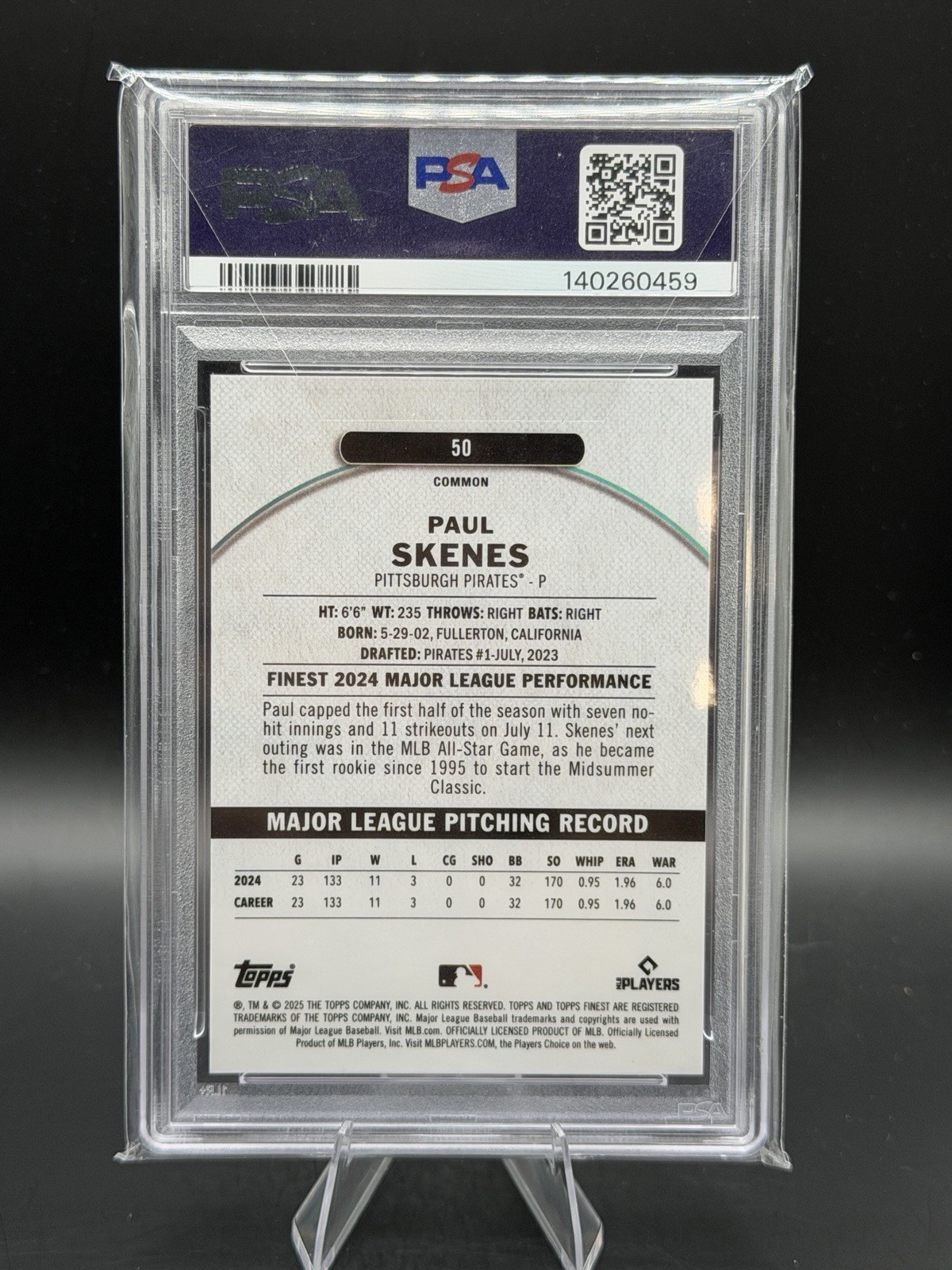Topps 2025 Finest Paul Skenes Pirates #50 Orange Refractor /25 PSA 9 view 3